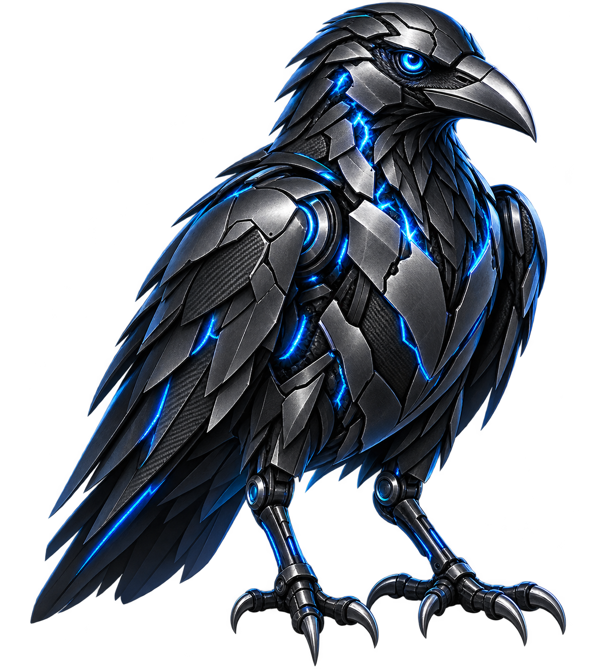 Gunmetal bionic raven with electric-blue illuminated seams